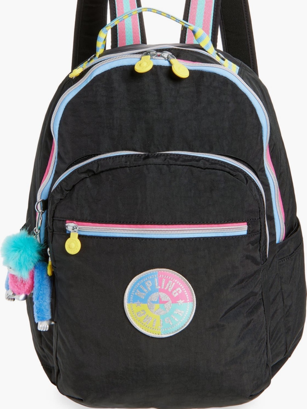 Kipling Kids Seoul Black Backpack with Pastel Trim and Pom Charm